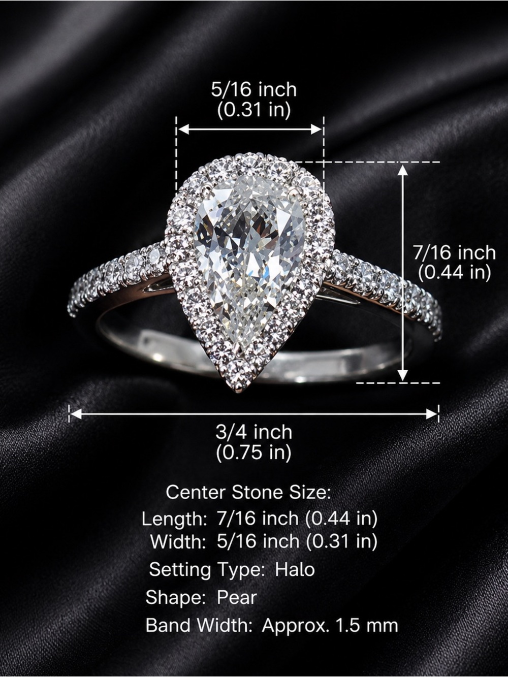 Italian Luxury Diamond Simulant Pear Halo Ring Elegant Engagement Style Sz 7 New - Picture 4 of 6